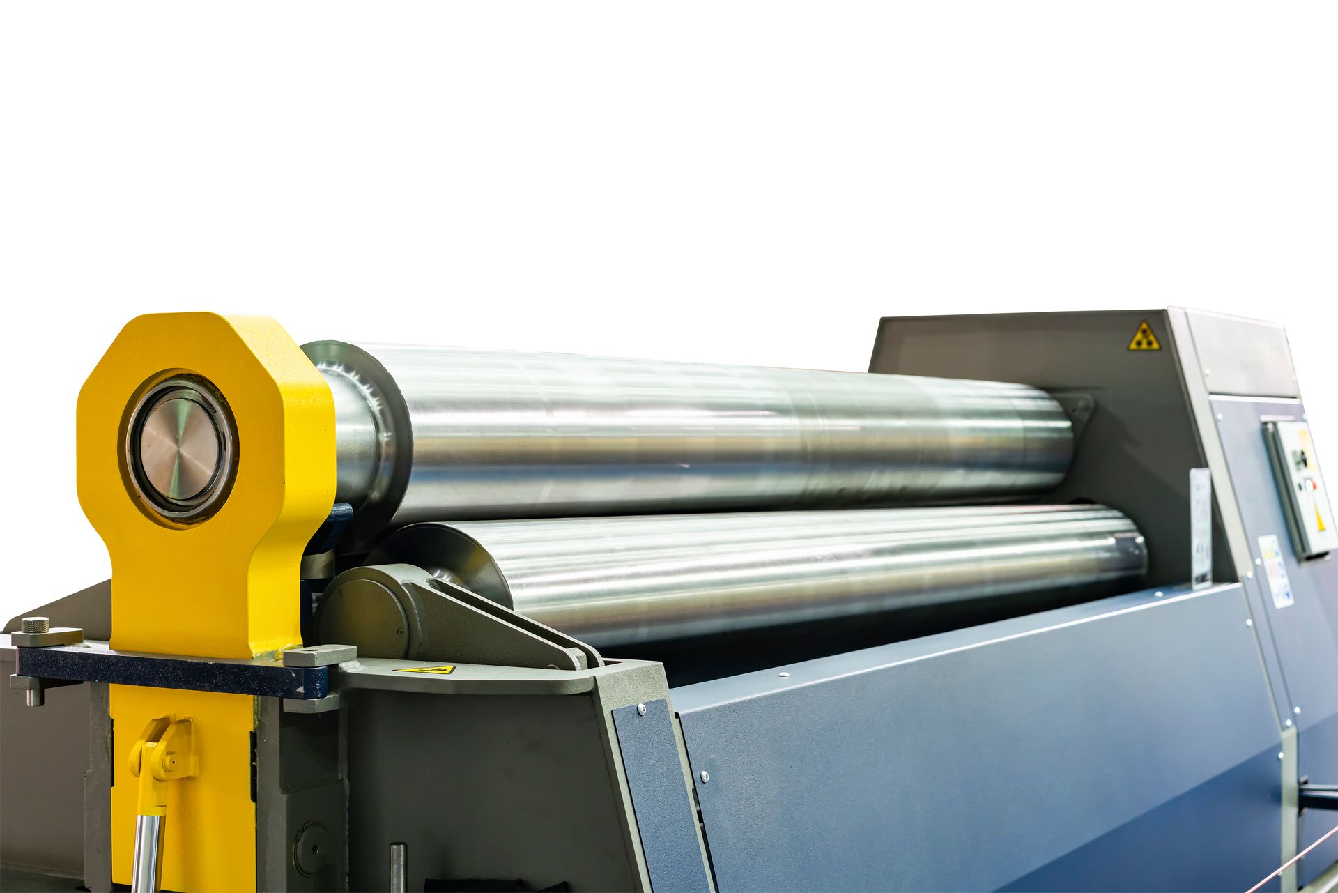 Industrial metal rolling machine with large silver rollers and a yellow housing