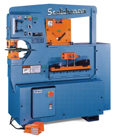 Blue industrial press machine with digital control panel in a factory workshop