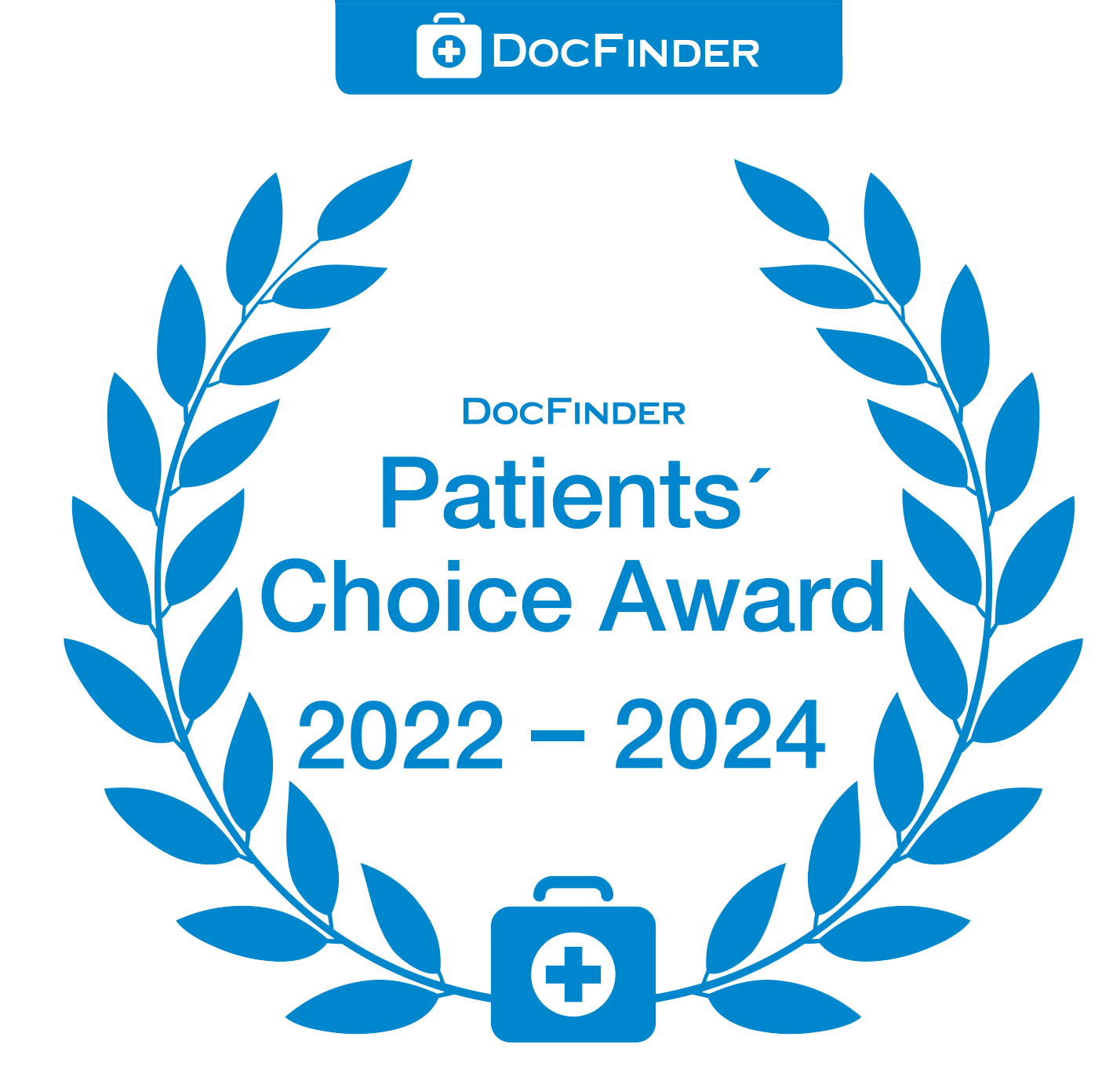 Ein blauer Lorbeerkranz mit der Aufschrift „Patients Choice Award 2022-2024“ von Doc Finder