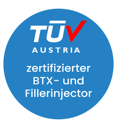 Ein blauer Kreis mit der Aufschrift TÜV Austria zertifizierter 
BTX- und 
Fillerinjector