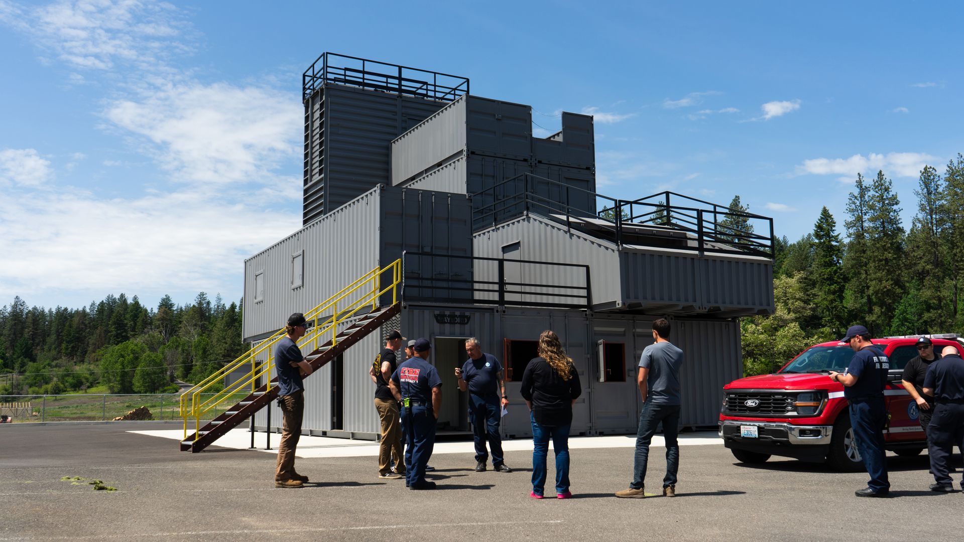A firefighter training facility made out of shipping containers