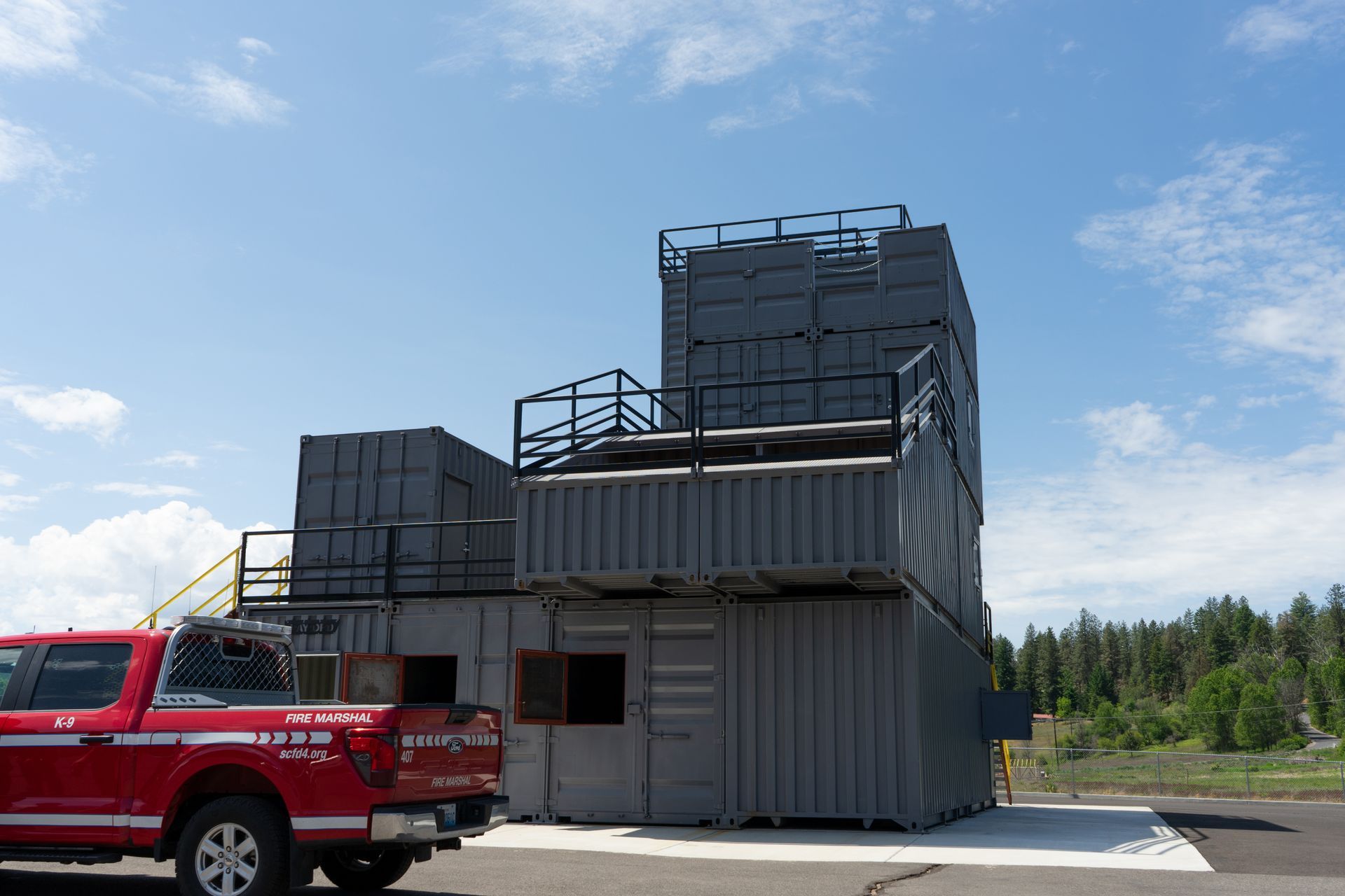 A firefighter training facility made out of shipping containers