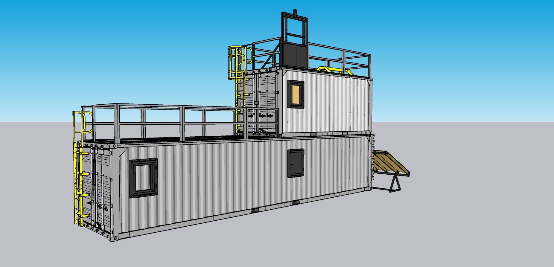 Conceptual render of a building made from stacked shipping containers, with platforms and ladders.