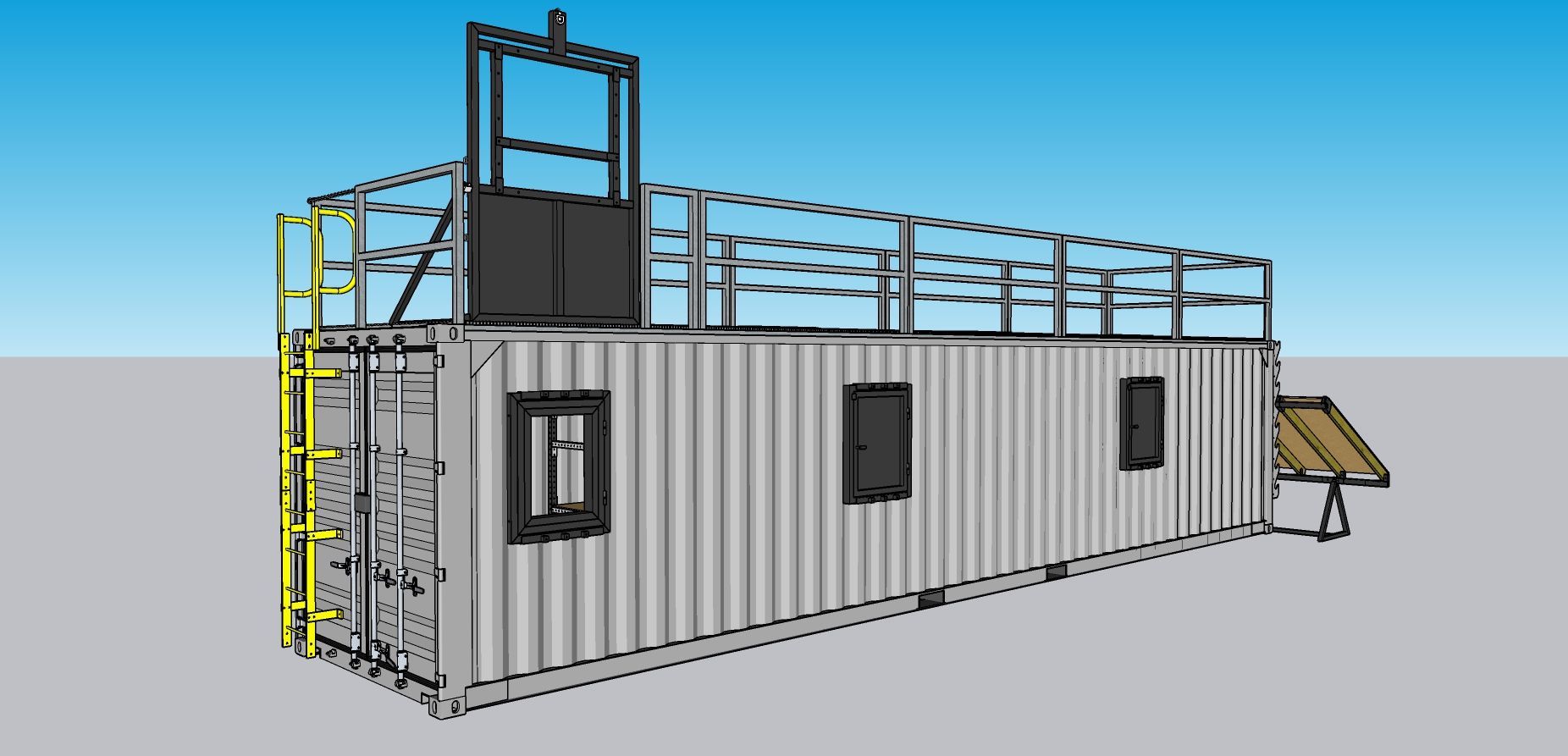 A white shipping container with a platform on top and a ladder on the side against a blue sky.