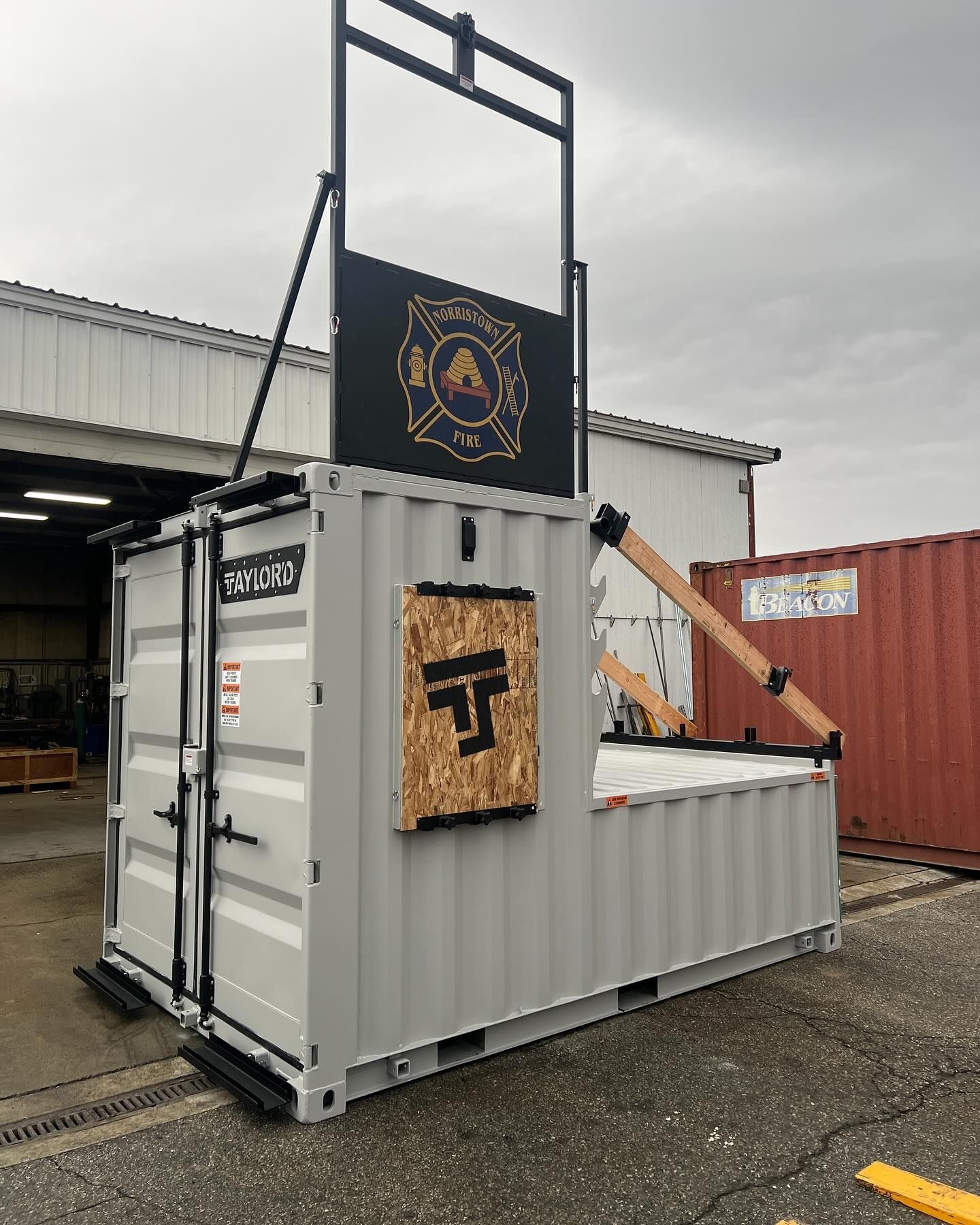 a firefighter training prop made out of a shipping container