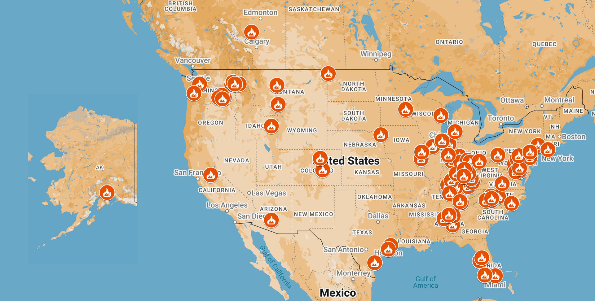 A map of the united states with red dots indicating locations of different training props.