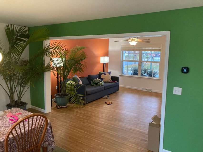 A living room with green walls and a blue couch