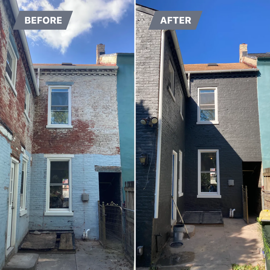 A before and after photo of a brick building