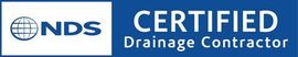 NDS Certified Drainage Contractor logo. Blue background with white text.