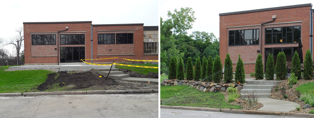 Before-and-after of a brick building entrance. The 