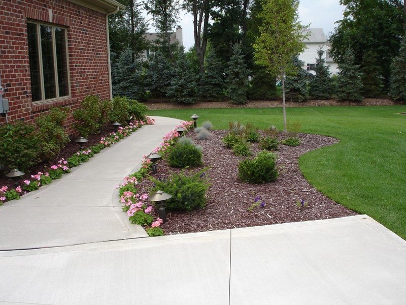A paved walkway curves past a brick house, bordered by pink flowers and landscaped beds.