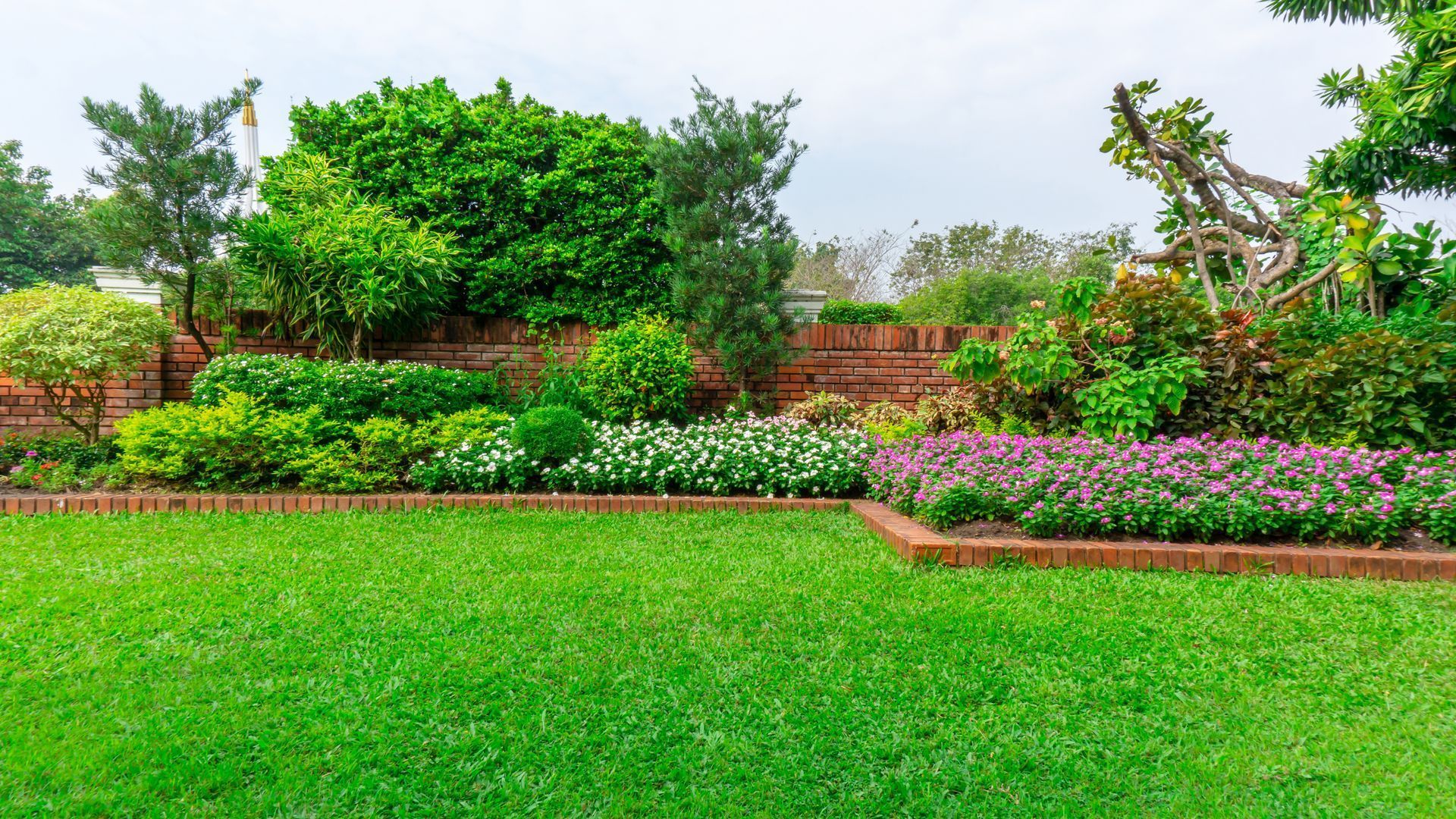 Lush green lawn with flower beds and brick wall in a garden.