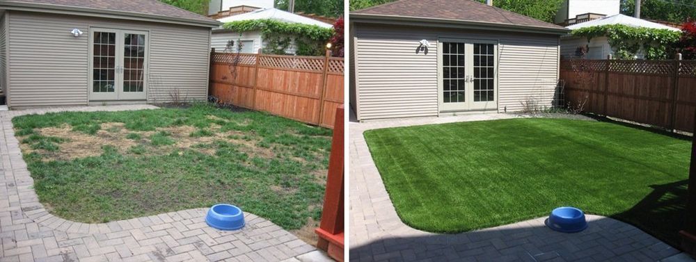 Before and after of a backyard, showing sparse grass on the left and lush, green grass on the right.