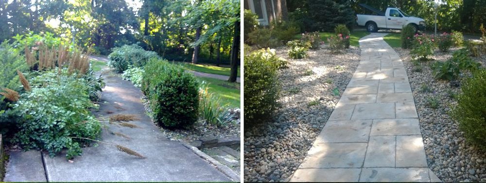 A before and after view of a walkway, with overgrown foliage on one side and a landscaped path on the other.
