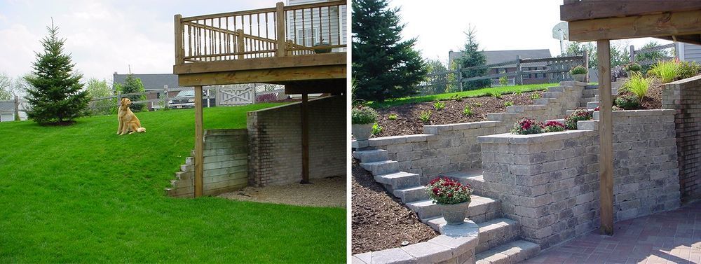Before and after of a backyard landscaping project: sloped lawn transformed into terraced steps with retaining walls.