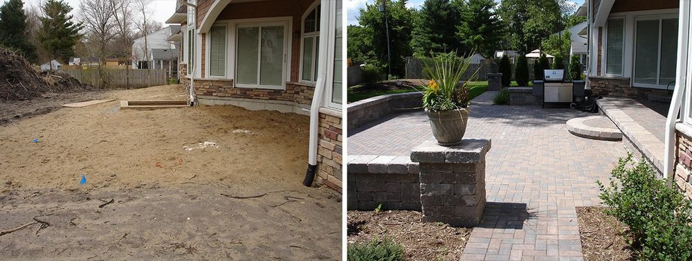 Before and after of a backyard patio renovation. The left side is bare dirt, and the right is finished with pavers and landscaping.