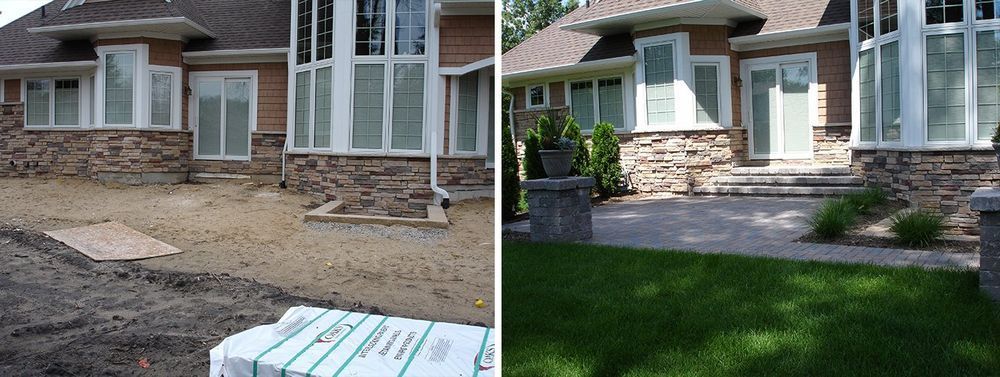 Before and after of a home's exterior: dirt yard transforms into a patio and lawn.