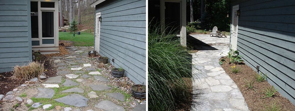 Before and after of a stone walkway next to a building. The path is newly landscaped.