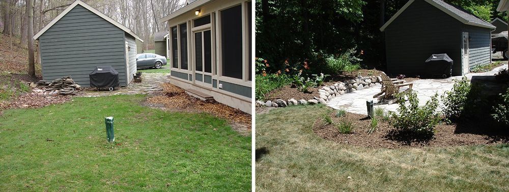 Two images side-by-side: a green yard with a shed and a screened porch, and a yard with a small shed and landscaping.