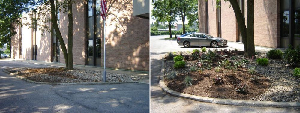 Two views of a building's exterior with landscaped tree beds. A car is parked near the right side of the building.