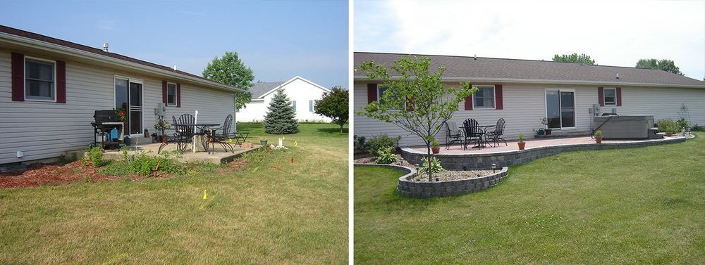 A before-and-after view of a house. The left side shows a plain yard, the right a landscaped patio.