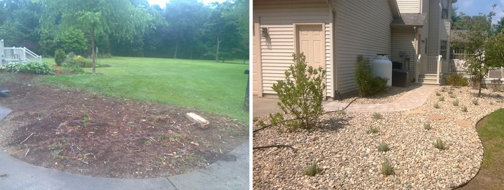 Before and after: landscaped yard with gravel and plants replaces a bare dirt area.