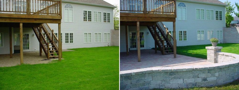 Comparison of a backyard before and after a patio construction.