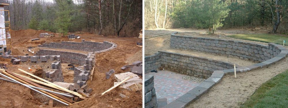 Construction of a tiered stone retaining wall. Initial excavation on left, finished wall on right, outdoors.