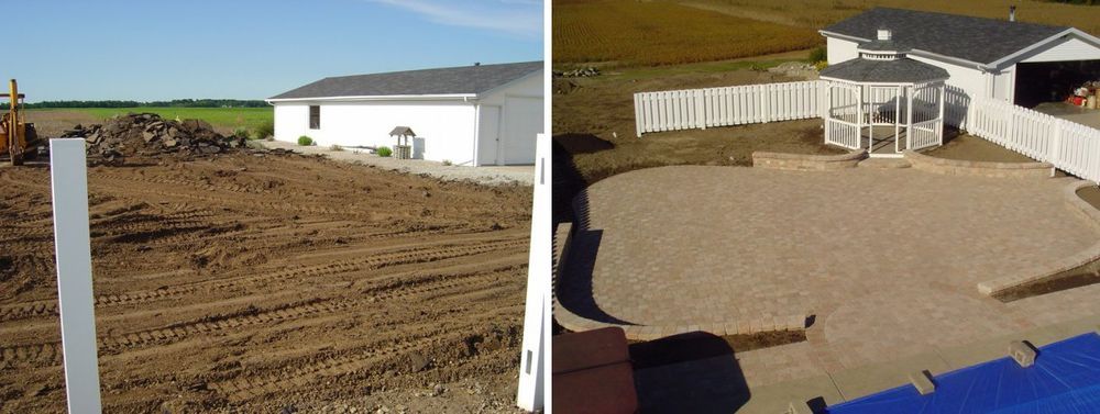 Comparison photo showing a bare dirt yard on the left and a finished patio with a gazebo on the right.