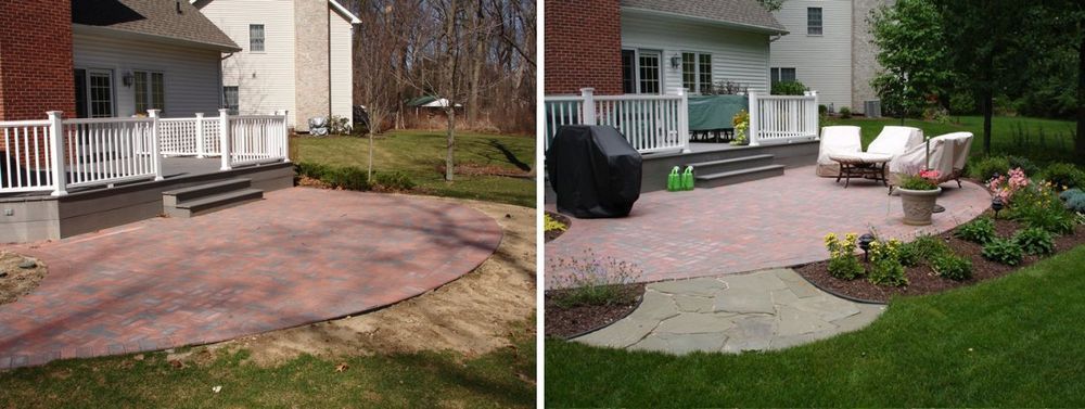 Before and after of a brick patio with a raised deck, and a planted garden.