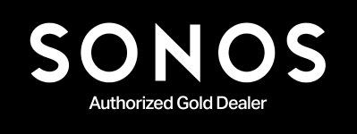 The sonos logo is white on a black background and says authorized gold dealer.