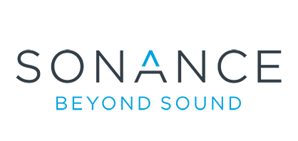 The sonance beyond sound logo is blue and black on a white background.