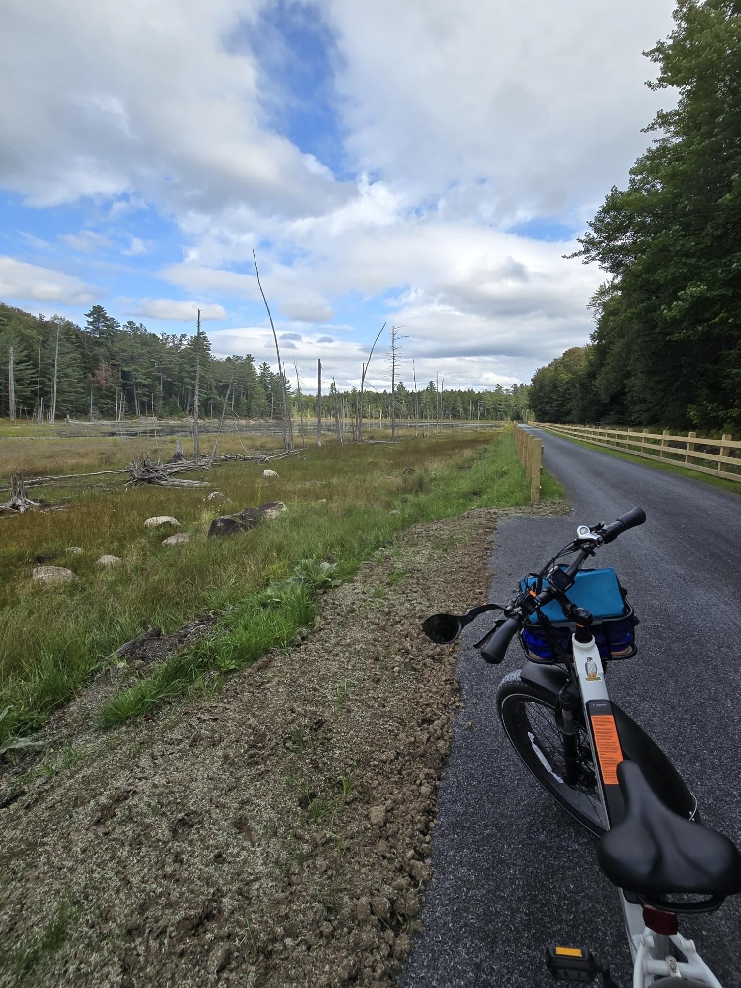 A bicycle is parked on the side of a road.