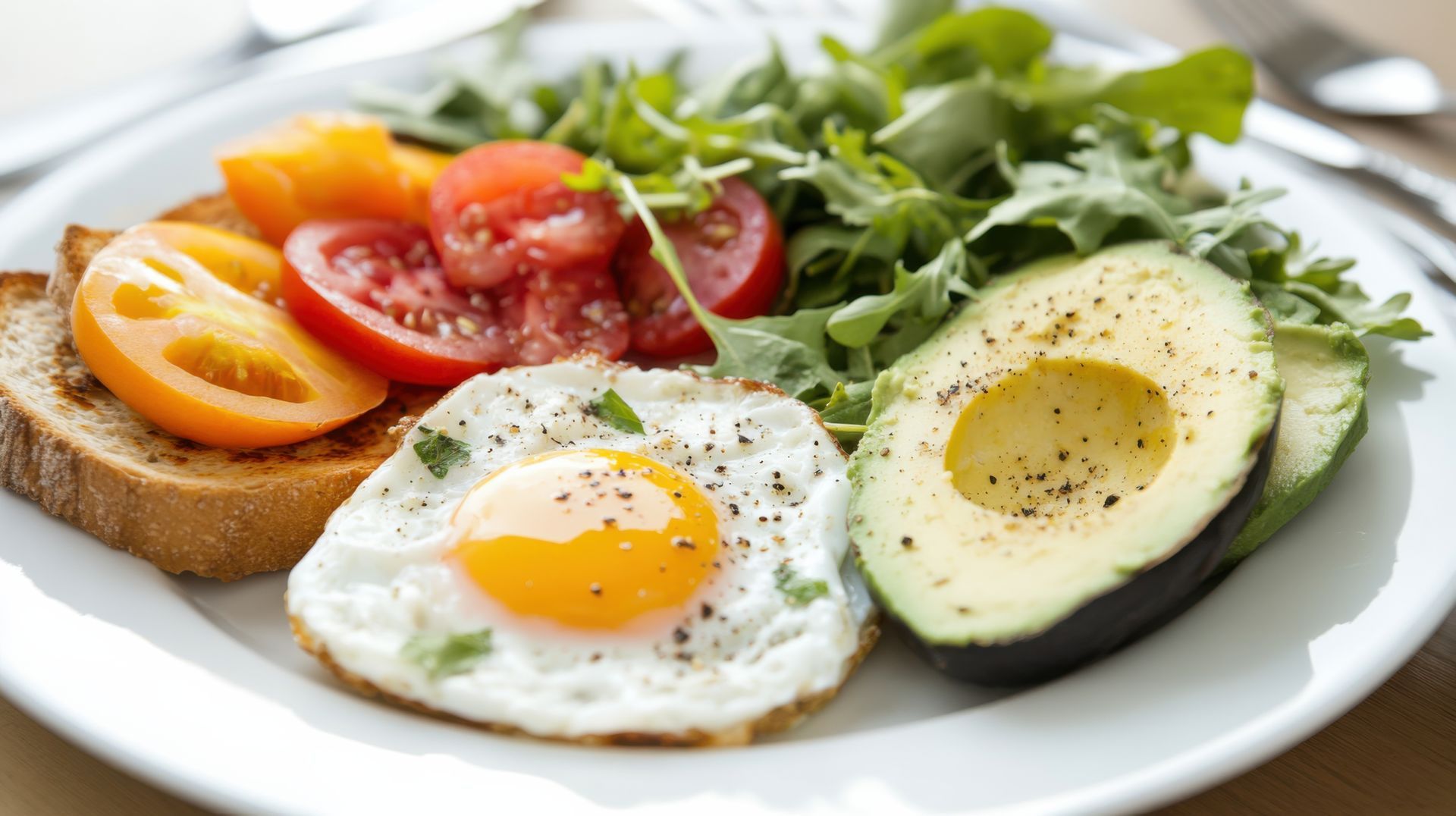 A white plate topped with eggs , avocado , tomatoes and lettuce.
