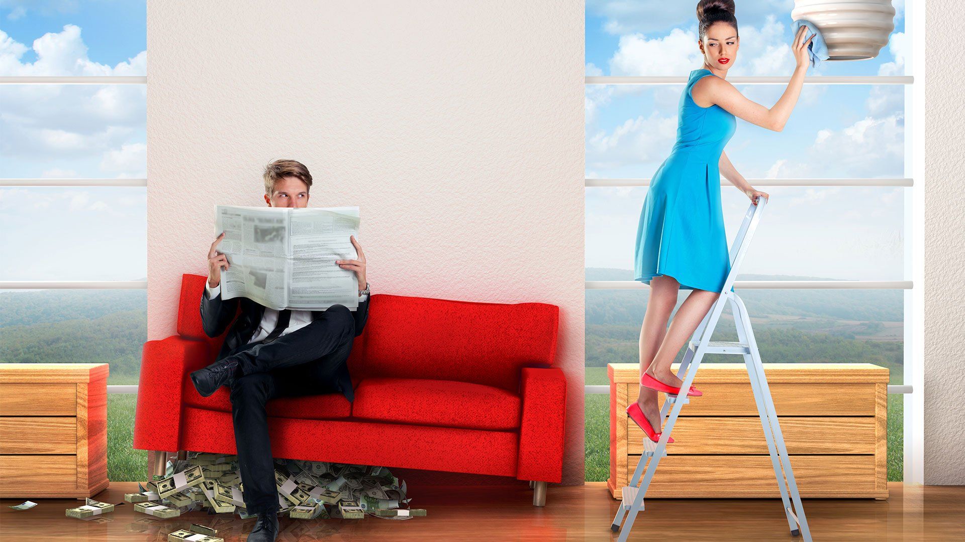 man with money under the couch