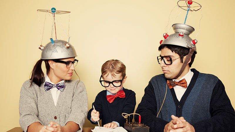 family wearing brain hats