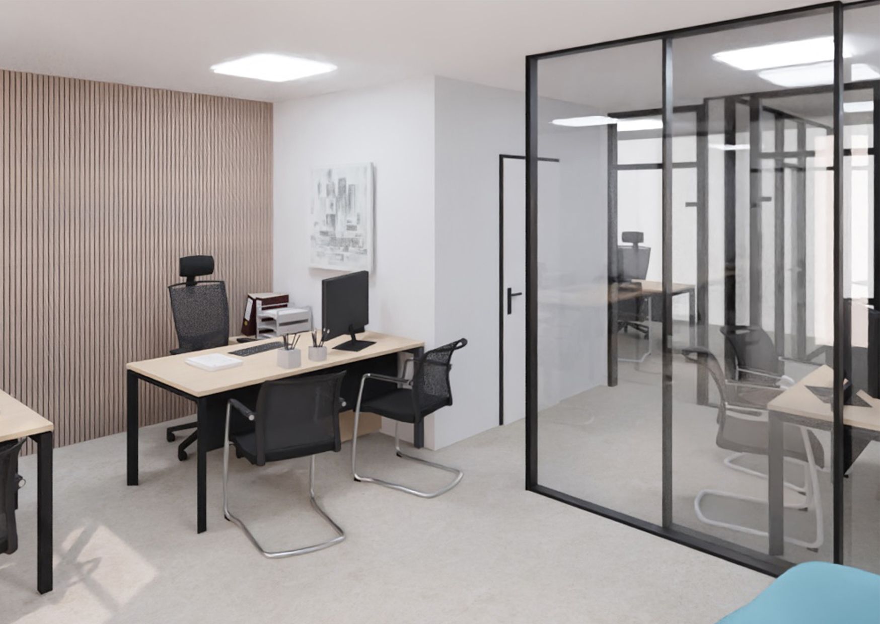 Una impresión artística de una oficina con dos escritorios y sillas.