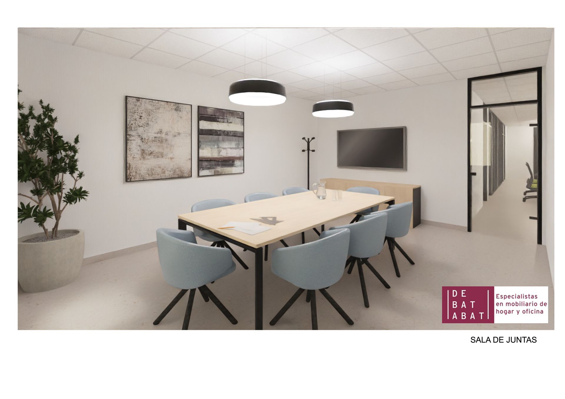 Una impresión artística de una sala de conferencias con una mesa larga y sillas.