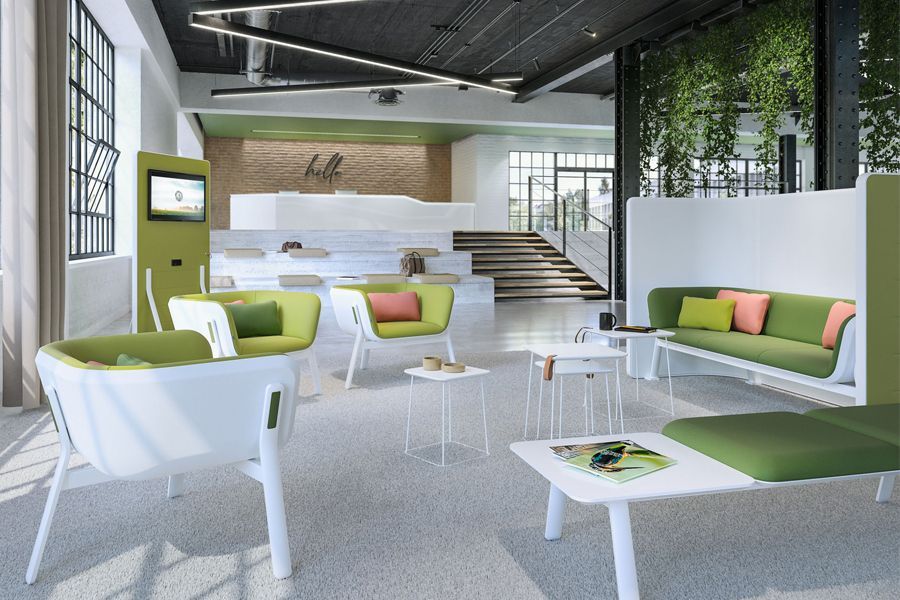 Un salón con muebles verdes y blancos y un sofá.