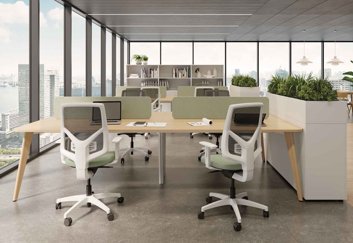 Una fila de escritorios con divisores azules en una oficina.