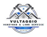 Logo for Vultaggio Handyman & Lawn Service with crossed hammers over house rooftops; blue and gray colors.