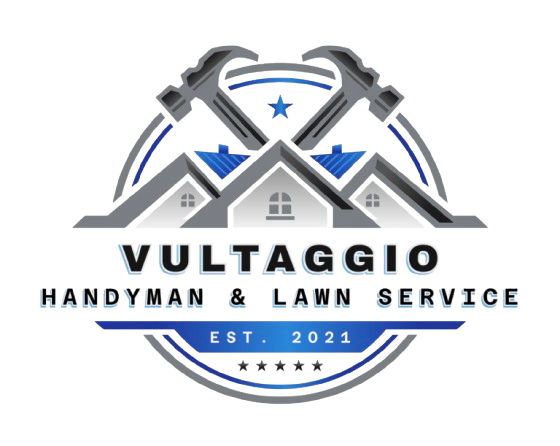 Logo for Vultaggio Handyman & Lawn Service with crossed hammers over house rooftops; blue and gray colors.
