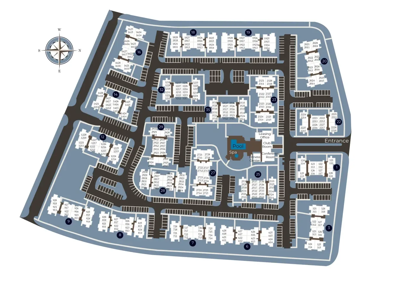 Map of a residential complex with roads, buildings, and a compass rose. Blue and white tones.