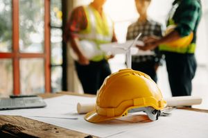 A yellow construction hard hat sits on blueprints on a wooden table, with construction professionals in the background.