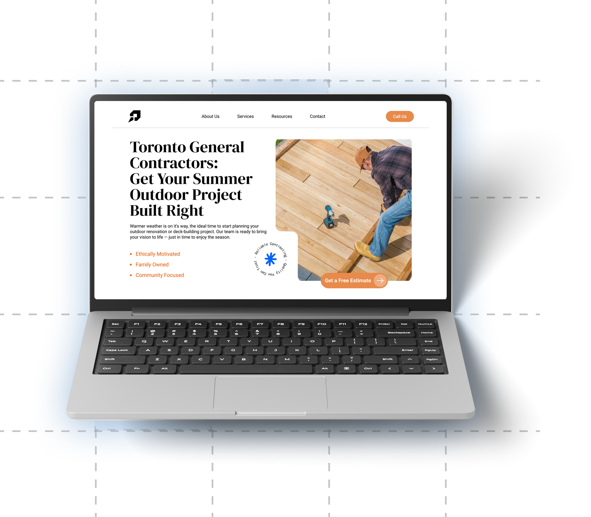 Laptop showcasing a construction website with a worker building a deck.