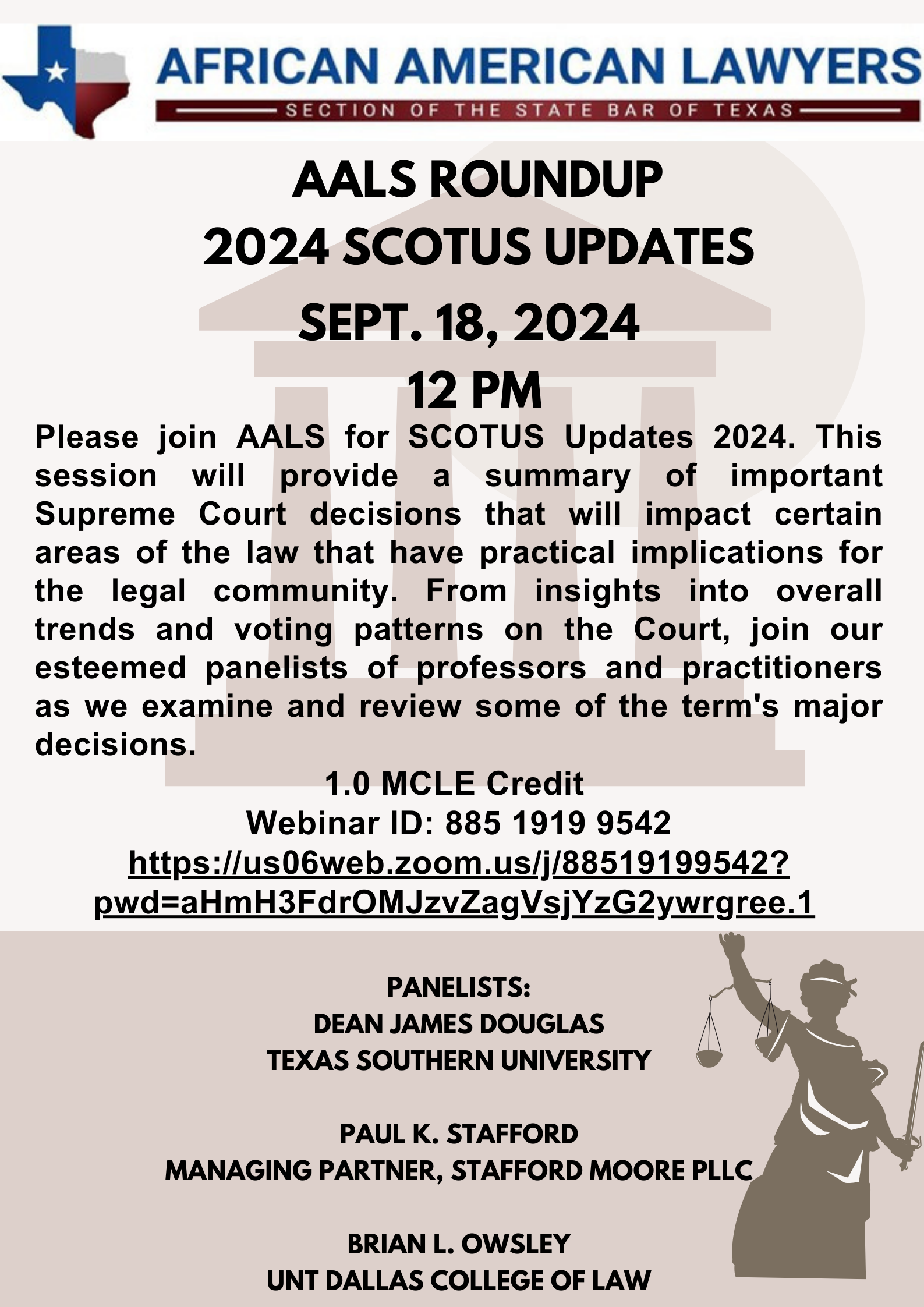 A flyer promoting AAL CLE covering 2024 SCOTUS updates via Zoom on September 18, 2024, at 12:00 PM. 