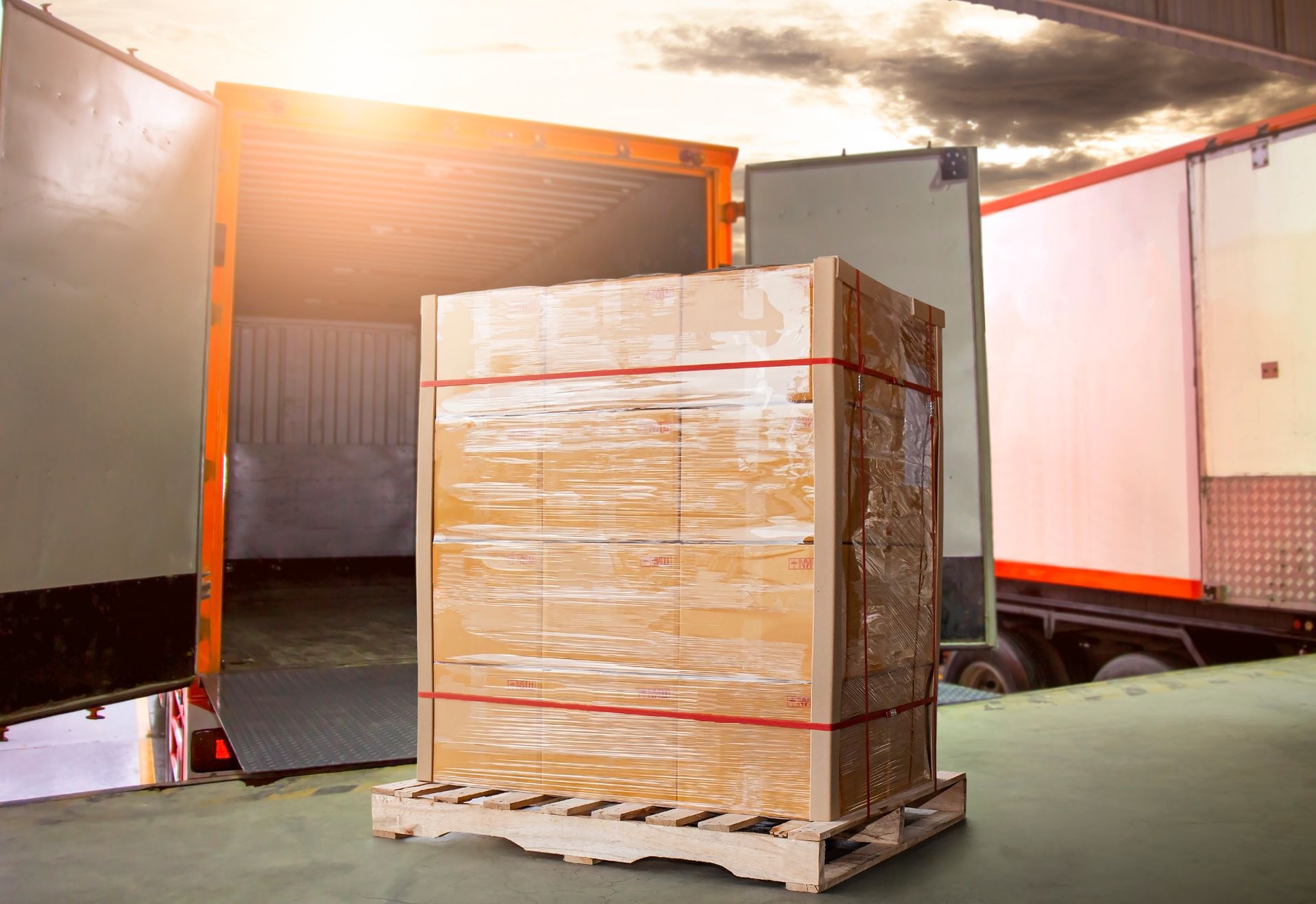 A large cardboard box is sitting on a wooden pallet in front of a truck.