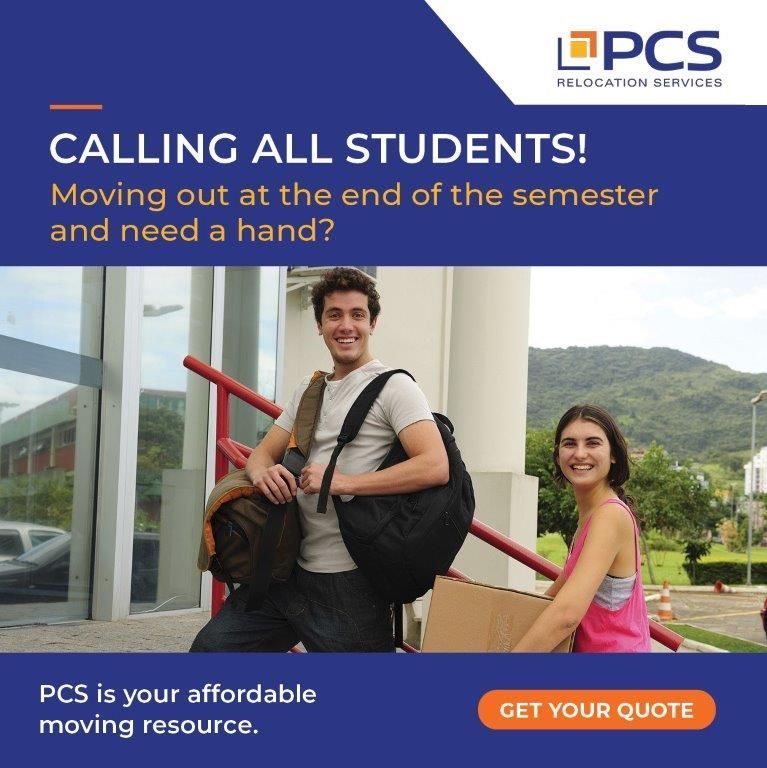 A PCS Relocation Services ad shows two people carrying bags and a box outside a building, offering affordable moving help.