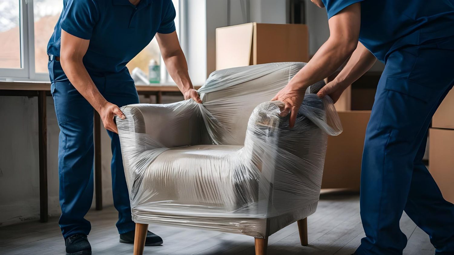 Two movers in blue uniforms lifting a plastic-wrapped armchair indoors.