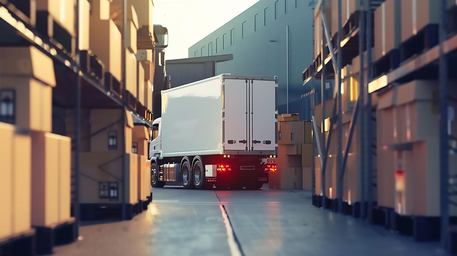 A white delivery truck driving down a narrow aisle between tall storage shelves filled with cardboard boxes in a warehouse.